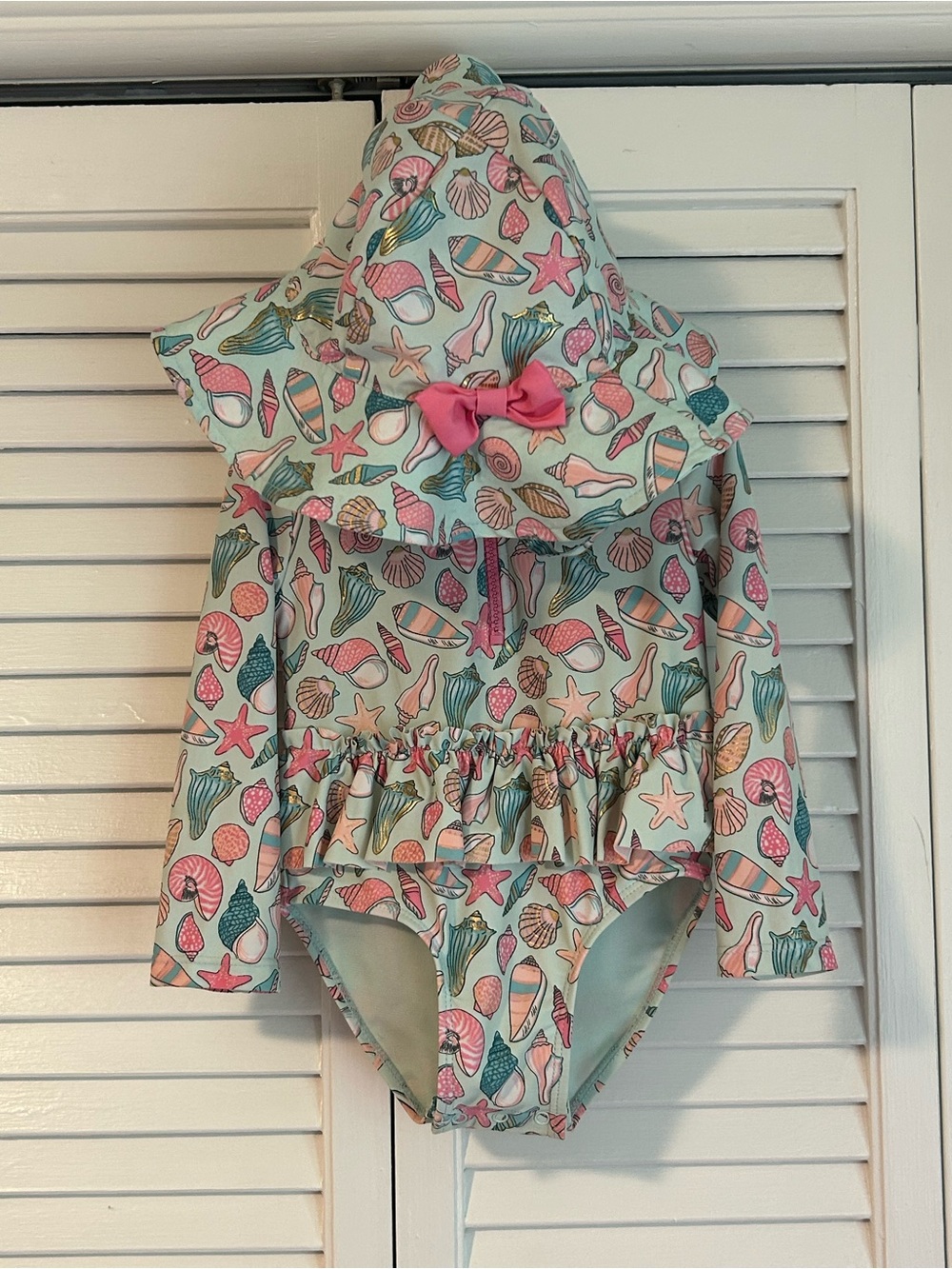 Flapdoodles Girls Mint Shell Print One-Piece Swimsuit with Pink Bow